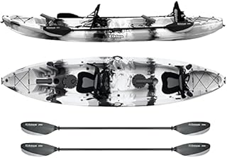 Elkton Outdoors Hard Shell Fishing Tandem Kayak, 2 or 3 Person Sit On Top Kayak Package with 2 EVA Padded Seats, Includes 2 Aluminum Paddles and Fishing Rod Holders (Grey)