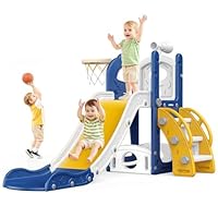 Naxudcoo Kids Slide: Large Toddler Slide With Basketball Hoop, Blue Slides For Toddlers Age 1-3 Toddler Climber Slides Playset With Storage Space, Indoor Outdoor Toy For Toddlers 1-3 Years