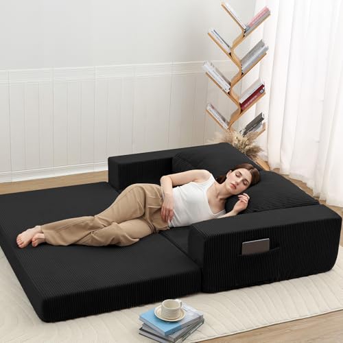 Image of COMAX Futon Sofa Bed, Convertible Sofa Bed, Folding Boneless Couches | Boneless Couch for living room, 4‑in‑1 Fold Out Small Foldable Loveseat Floor Sleeper Mattress Lounge Space‑Saving, Black