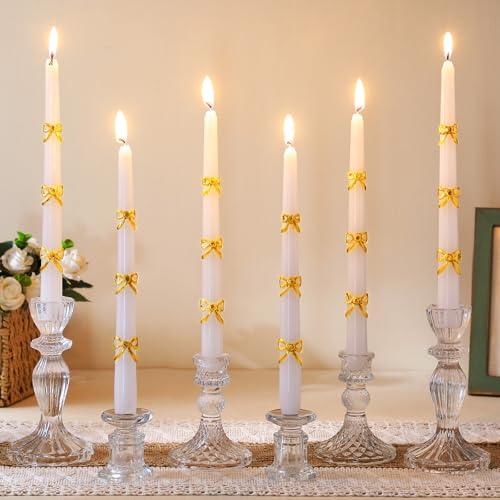 Nuanchu 6pcs Gold Bow Taper Candles Coquette Birthday Decoration 10 Inch Unscented Bow Taper Candles for Dinner Couple Anniversary Coquette Shower Bridal Shower Wedding Party Decorations