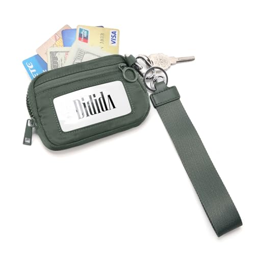 Image of The Iris Wallet Zipper Mini Coin Purse Keychain ID Holder Wallet | Zip Card Case with ID Window Purses for Women Mini Portable Keychain Wallet,Olive Green with Lanyard