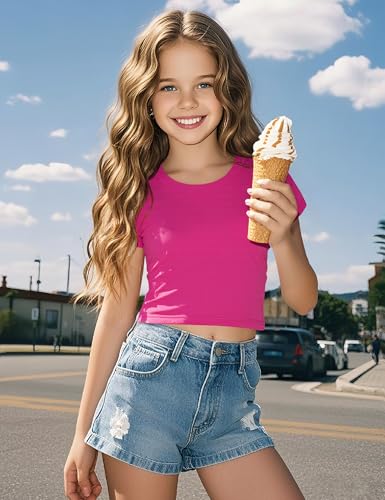 Image of Auranso Girls Crop Tops Kids Short Sleeve T-Shirts Basic Summer Tee Top