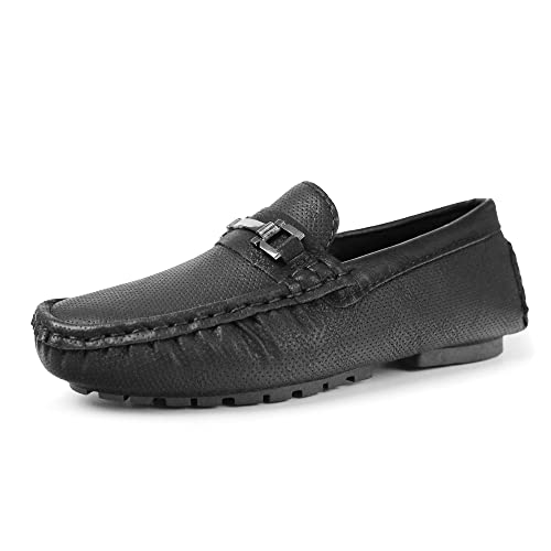 Hawkwell Kids Classic Penny Loafer Moccasin Dress Driver Shoes School Shoes,Textured Black Synthetic Leather cover