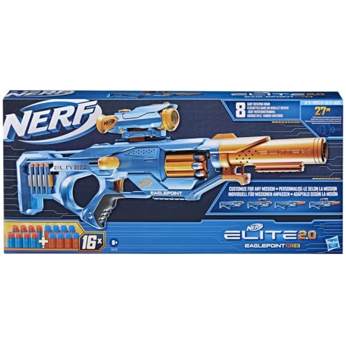 Nerf Elite 2.0 Eaglepoint RD-8 Blaster, 8-Dart Trommel, abnehmbares Fernrohr und Abnehmbarer Lauf, mit 16 Nerf Darts und Bolzen, 27 Meter Schussweite