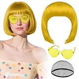 PLULON Gold Bob Wig with Heart Sunglasses and Hair Cap for Women, Short Bob Wigs Synthetic Colored Funny Cosplay Hairpieces for Women Men Daily Bachelorette Halloween Costume Party Decorations