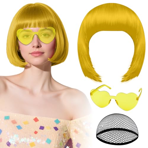 PLULON Gold Bob Wig with Heart Sunglasses Hair Cap Neon Colored Party Wigs