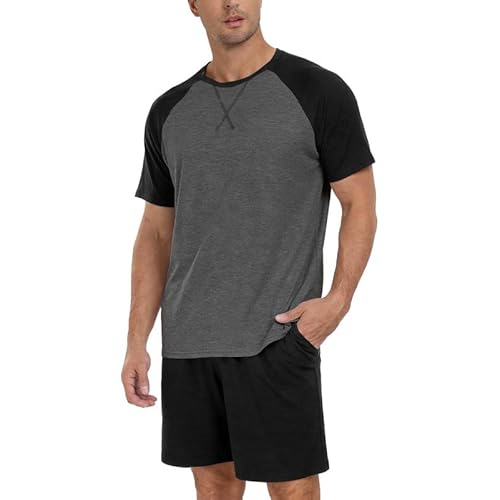 Marvmys Mens Pajama Set Cotton Summer Pjs Short Sleeve Sleepwear Lightweight Pajamas 2 Pieces Loungewear with Pockets S-2XL Small A-black-dark Grey