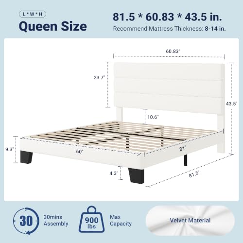 Image of Allewie Queen Size Platform Bed Frame with Velvet Upholstered Headboard and Wooden Slats Support, Fully Mattress Foundation /No Box Spring Needed /Easy Assembly, White