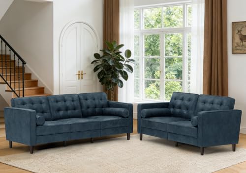 Image of Suede Leather Upholstered Sofa Set with Bolster Pillows, Blue | Tufted 2 Pieces Modern sofas with Bolster Pillows, 3 Seats Sofa and Loveseat with Sturdy Legs for Living Room, House