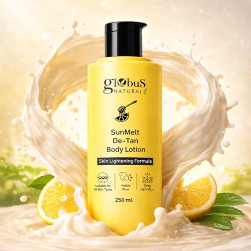 Image of Globus Naturals SunMelt De-Tan Body Lotion - Skin Brightening & Tan Removal with Honey, Lemon & Vitamin E | Deep Hydration & Glow | for All Skin Types | 250 ml