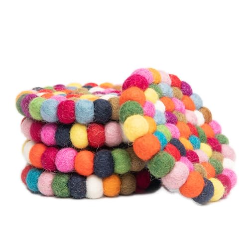 Rond Dessous de Verre en Boule de Feutre - sous Verres de Table 100% Laine Mérinos - Dessous de Plat Absorbant pour Boissons - Feutré à la Main au Népal par Woolygon - Multicolore - Lot de 5