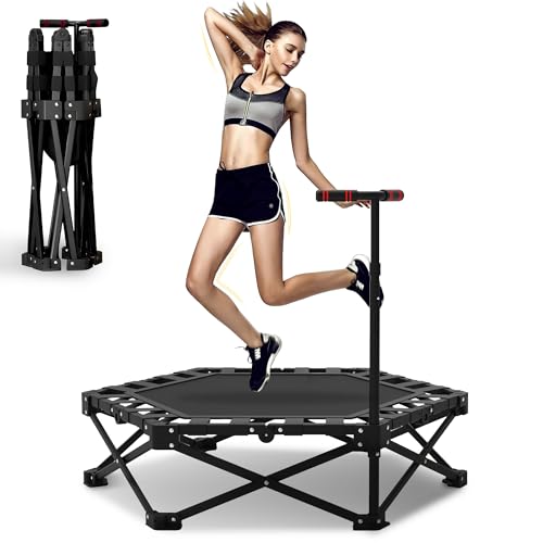 Foldable Mini Rebounder Trampoline, 42" Foldable Fitness Trampolines, Home Fitness Trampoline for Adults, Rebounder with Adjustable Foam Handle Indoor/Outdoor Body Exercise 450LBS Capacity
