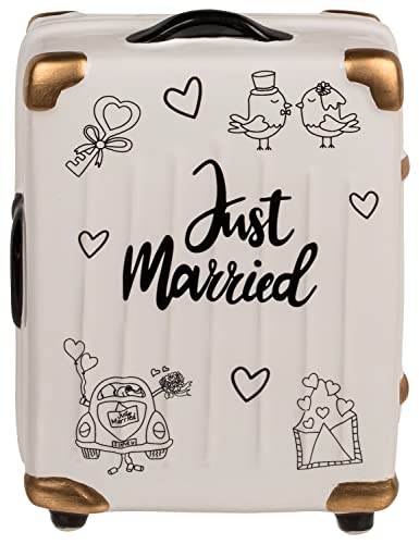 Tirelire en céramique « Just Married » - Cadeau de mariage - Valise à roulettes - Motif couple de mariés