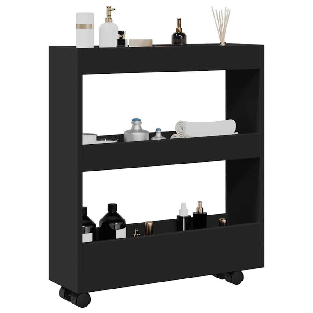 Carro de almacenamiento estrecho de 3 niveles, color negro | Fácil de mover con ruedas, 2 ruedas bloqueables, versátil para cocina, baño, sala de estar