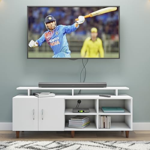 Image of VIKI Modern TV Unit for Living Room | Engineered Wood TV Cabinet with 2 Door Storage, 2 Open Shelves & Extension, Entertainment Unit, 140W x 48H x 40D cm | DIY | 1 Year Warranty (White)