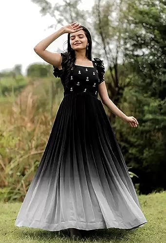 Image of LAZZLY Women's Georgette Ankle Length Dual Shaded Flared Embroidered Gown