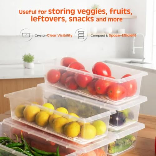 Image of CHONGZFU Fridge Storage Box (Pack of 6) Fridge Organiser Storage Boxes with Removable Drain Plate, Lids, Stackable Organizer, Fridge Storage Box Keep Fruits, Vegetables Fresher, 1500 ML