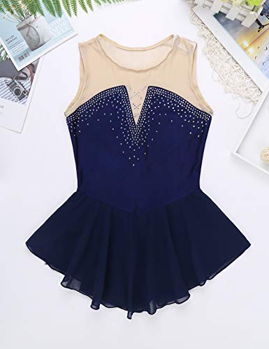 Jeatha Kids Girls Shiny Rhinestone Ballet Costume Sleeveless Splice Ice Skating Skirt Gymnastic Leotard Dress Navy_Blue 12 #TOP4