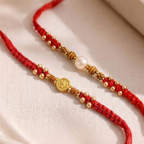 Image of Peora Rakhshabandhan Thread Rakhi for Brother Bhaiya | Kundan Beads & Crystal Studded | Combo Set of 2 | Rakhi Hamper Roli Chawal & Greeting Card