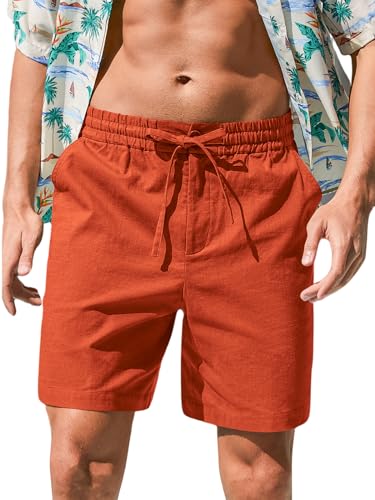 Image of RQP Mens Cotton Linen Shorts Casual Drawstring 7inch Inseam Shorts Stretch Summer Beach Wear