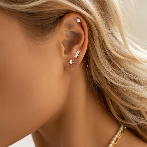 Dochais Flat Back Sterling Silver Earrings 14K Gold Plated Hypoallergenic Stud Earrings for Women Men Tragus Helix Piercing Jewelry Small Cubic Zirconia Cartilage Earring Sets3