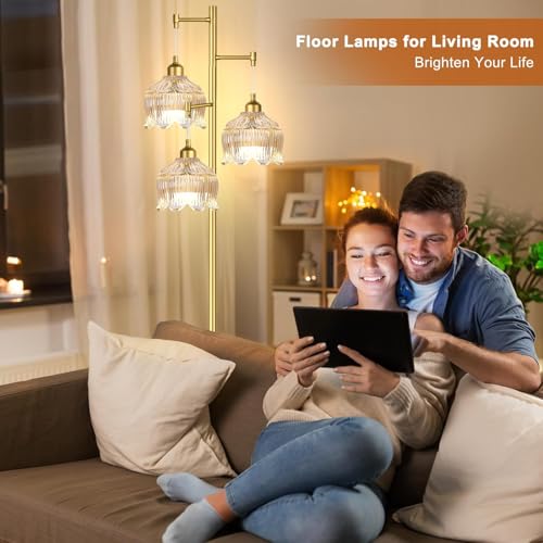 Image of ZECOXOL Gold Floor Lamps for Living Room 3 Lights Floor Lamp with Glass Lampshape & Three Led Bulb,Mid Century Standing Lamp Vintage Brass Tall Lamp Tree Floor Lamp for Bedroom Corner