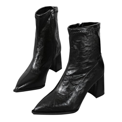 Botas de piel para mujer, color marrón con tacón, botas Chelsea Boots de piel con cremallera, botas bajas cosidas a la mitad, tacón cuadrado, botas de equitación, elegantes botas de entretiempo, Negro