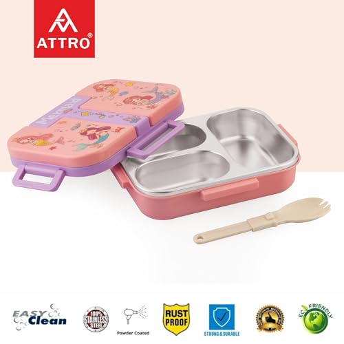 Image of ATTRO Tangy Bite Stainless Steel Lunch Box - 3 Compartment Bento Tiffin, Leak-Proof & Durable, Plastic Spoon, Ideal for Kids, School, Picnic- Peach- 600ml-Mermaid Theme