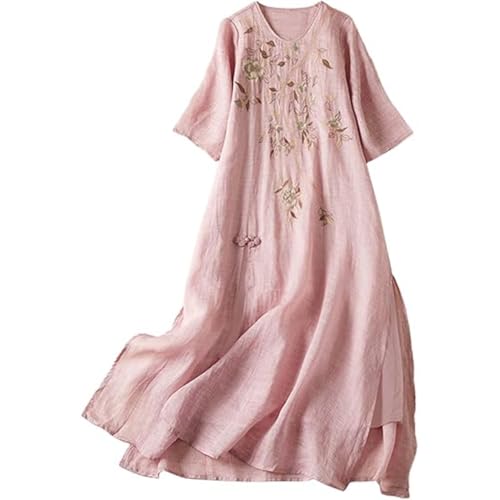 Algodón Lino Mujer Vestidos Liso Maxi Largo 3/4 Manga Casual Estilo Boho con Cinturón Desmontable para Exteriores