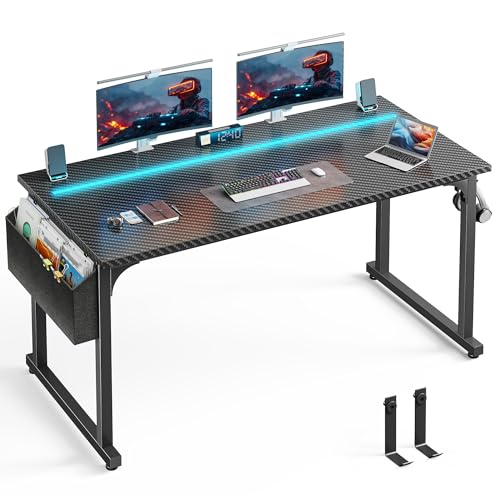 Image of DurayLoly 55 inch Carbon Fiber Gaming Desk, IP65 RGB LED Computer Desk with Side Storage Bag & Headphone Hook, Sturdy Metal Frame Space Saving Home Office Desk for Teens Bedroom Dorm Study Gaming Room
