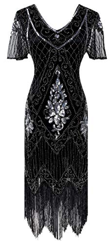 Image of Women 1920s Gatsby Vintage Sequin Flapper Fringe Party Plus Dress with 20s Accessories Set