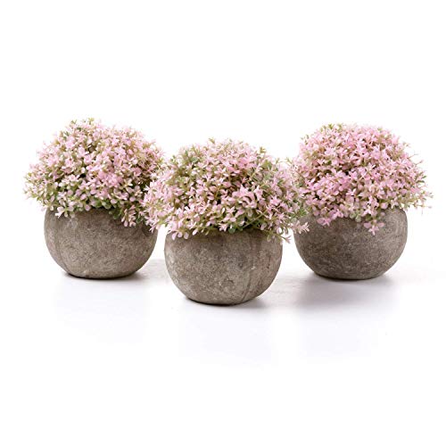 T4U Künstliche Blumen Bonsai Kunstpflanze mit grauen Topf, für Hochzeit/Büro/Zuhause Dekoration - Rosa Blüten, 3er Set