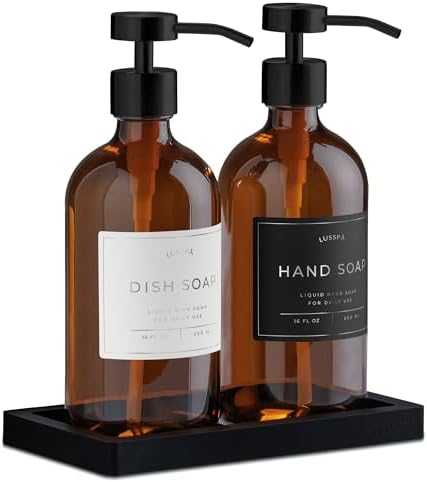 Glass Soap Dispenser Set of 2 (Amber) with Silicone Tray | Hand a...