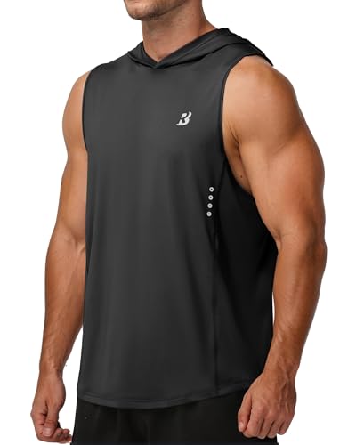 Roadbox Mens Sleeveless Hoodies Athletic Workout Hooded Tank Tops Lightweight Gym Running Training Summer Bodybuilding Muscle Cut Off Shirts Quick Dry Black