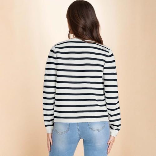 Women's Striped Cardigan Sweaters Gold Button Long Sleeve Crewneck Cardigans Casual Knit Sweater Jacket Coat with Pockets4