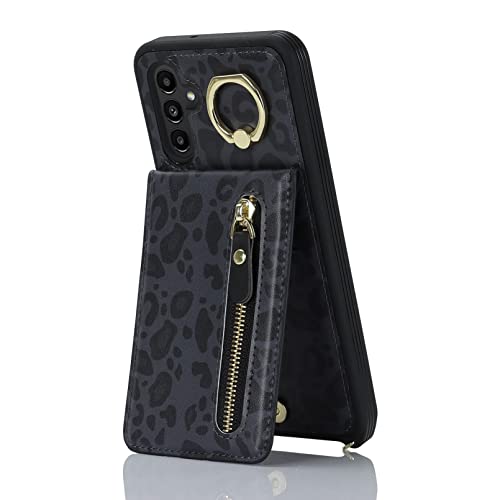 Jaorty Samsung Galaxy A13 5G Phone Case For Women With Card Holder,Samsung A13 Case Wallet Crossbody Lanyard With Strap,Credit Card Slots Kickstand Case With Ring Holder,Black Leopard #TOP7