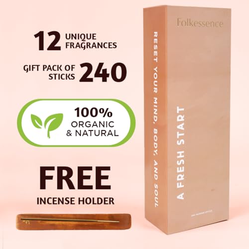 Folkulture Incense Sticks (240Sticks) | Pack of 12 Premium Incense For Yoga, Meditation, Aromatherapy | No Charcoal, Organic, Non Toxic, 45 Mins, Long Burning Palo Santo, Sandalwood, Insence-Sticks