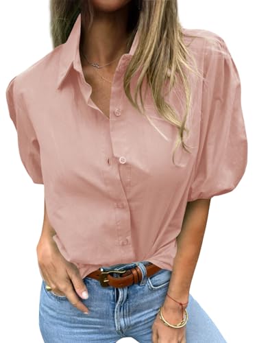 Image of Tankaneo Women's Button Down Shirts Short Puff Sleeve Collared Dressy Casual Blouse Tops