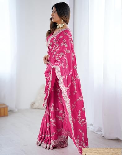 Image of Satrani Women's Satin Embroidery & Sequin Work Saree with Unstitched Blouse Piece