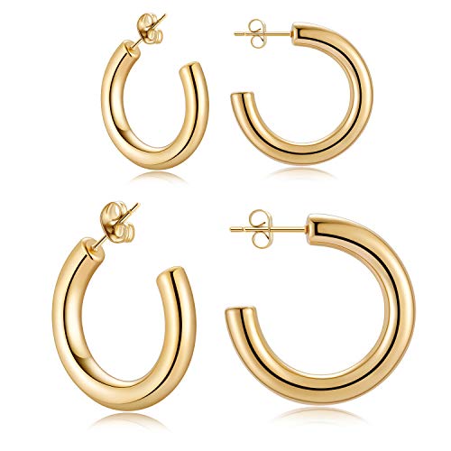 2 Pairs Chunky Open Gold Hoops, 5mm Thick Hollow Tube Lightweight Hoops, Stainless Steel in 14K Gold Plated Hoop Earrings for Women Girls (Yellow Gold)