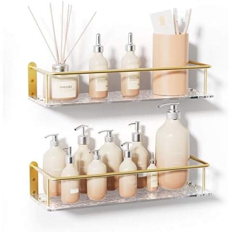 NPPLUS Floating Shelves for Bathroom Wall-Mounted: Wall Mounted Storage Shelves with Gold Metal Frame for Bathroom Bedroom Living Room Kitchen Office - Over Toilet Organizer Decor Set of 2 Cover