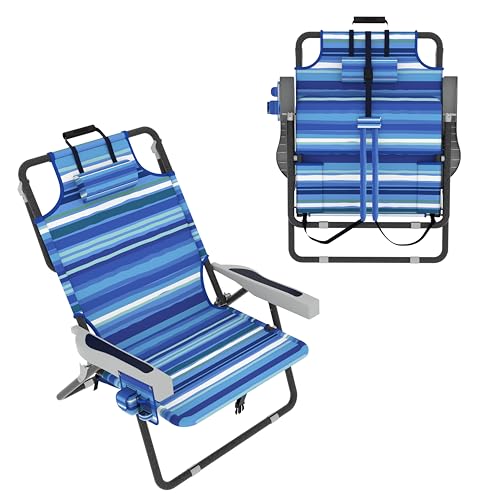 Yardenaler Outdoor Beach Foldable Chaise Lounge Chair with Detachable Pocket & Pillow, Portable Tanning Chair with Five Position Adjustable Back, Beach, Pool and Camping, Striped Blue
