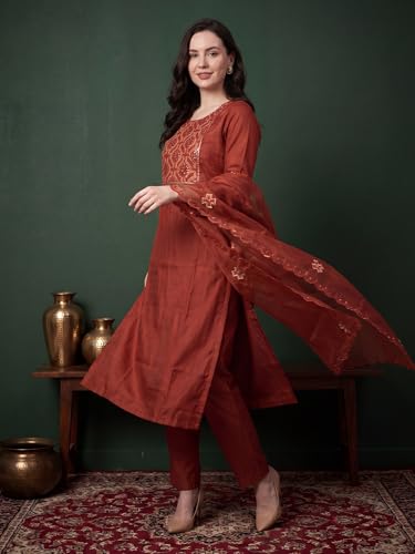 Image of INDO ERA Women's Silk Blend Floral Embroidered Thread Work Straight Kurta & Pant with Dupatta Set | Kurti Set