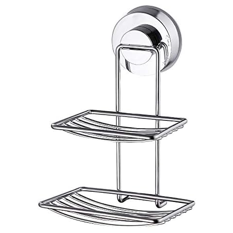 Vacuum Suction Cup Soap Dish Holder Double Layer Wall Mounted Self Adhesive Stainless Steel Nail Free No Drilling Sponge Storage Rack for Bathroom Shower Kitchen Cover