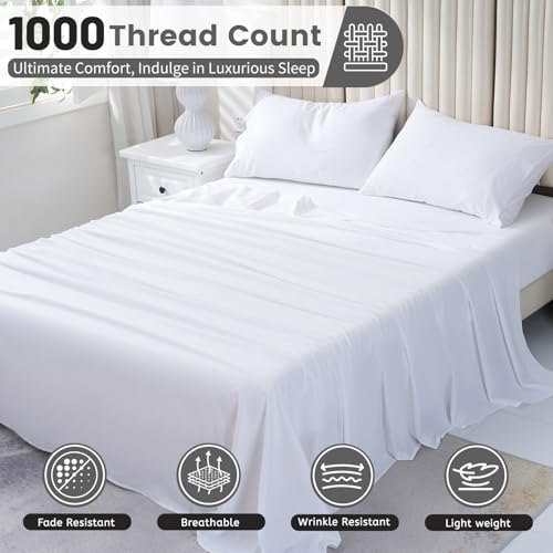 Bedlifes 1000 Thread Count 100% Egyptian Cotton Queen Size Sheets Set - Sateen Soft Silky Breathable Luxury Cooling 4 Pieces (White)