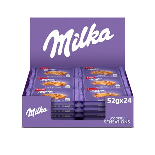 Milka Sensations Galleta Cookie con Pepitas de Chocolate con Leche, Relleno de Chocolate con Leche de los Alpes, Pack 24 paquetes, 52 g