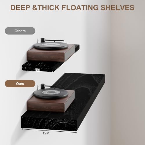 Image of 36-Inch Floating Shelves, Set of 3 Wall Mounted Storage Ledges, 12-Inch Deep Extra-Thick Solid Paulownia Wood Shelving for Kitchen, Living Room, Bedroom & Bathroom, Black