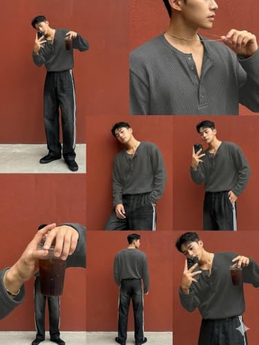 Image of Men's Textured Fabric Solid Half-Open Collar T-Shirt | Full Sleeve, Casual Shirt