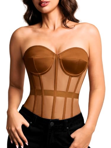 Image of Kaei&Shi Women's Strapless Mesh Corset Top, Padded Lace-Up Bustier