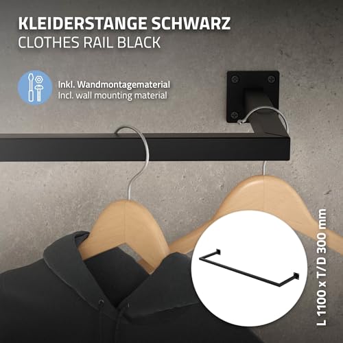 ML-Design Prostokatny wieszak na ubrania na sciane, D30cm x B110cm, czarny, wykonany ze stali, nierdzewny, wieszak w ksztalcie litery U, wieszak scienny na ubrania, z materialem montazowym